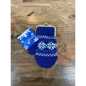 Two's‎ Company Blue Knit Mitten Coin Purse Change Holder Gold Clasp Snowflake